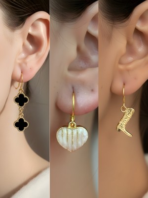 NKT Collection Kovboy Çizmesi Beyaz Kalp Siyah Yonca Sembol Figürlü 3’lü Kadın Küpe Set