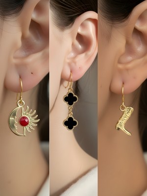 NKT Collection Kovboy Çizmesi Siyah Yonca Ay Güneş Sembol Figürlü 3’lü Kadın Küpe Set