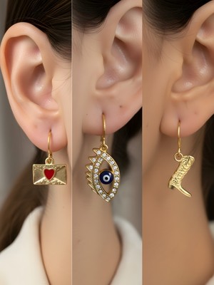 NKT Collection Kovboy Çizmesi Nazar Göz Kalp Zarf Sembol Figürlü 3’lü Kadın Küpe Set