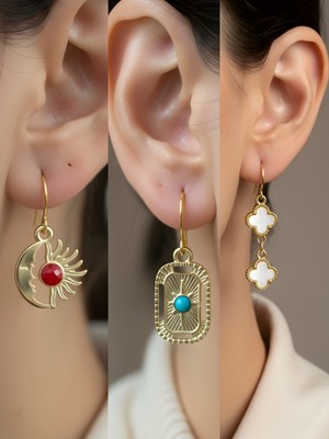 NKT Collection Tablet Kutup Yıldızı Beyaz Yonca Ay Güneş Sembol Figürlü 3’lü Kadın Küpe Set