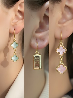 NKT Collection Pembe Yonca Turkuaz Yonca Külçe Altın Sembol Figürlü 3’lü Kadın Küpe Set