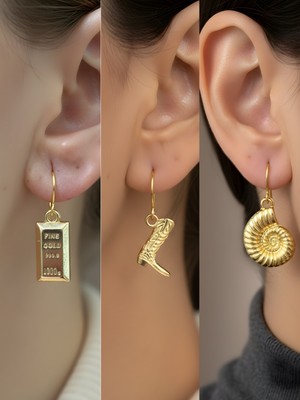 NKT Collection Kovboy Çizmesi Deniz Kabuğu Külçe Altın Sembol Figürlü 3’lü Kadın Küpe Set