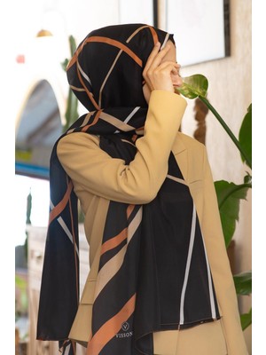 Vissona 100% Ipek Çizgi Desenli Siyah - Taba Renkli Şal