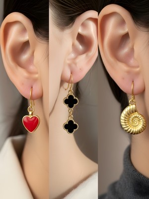 NKT Collection Deniz Kabuğu Siyah Yonca Kırmızı Kalp Sembol Figürlü 3’lü Kadın Küpe Set