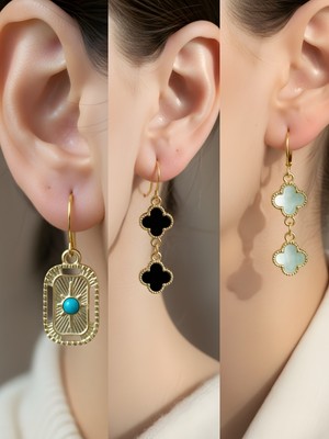 NKT Collection Siyah Yonca Turkuaz Yonca Tablet Kutup Yıldızı Sembol Figürlü 3’lü Kadın Küpe Set