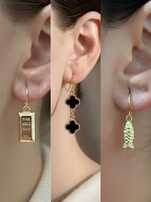 NKT Collection Balık Siyah Yonca Külçe Altın Sembol Figürlü 3’lü Kadın Küpe Set