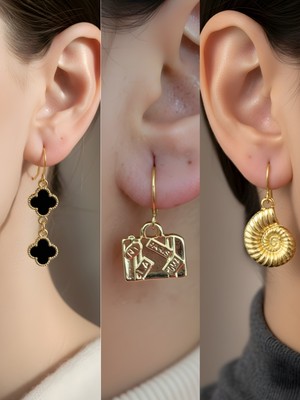 NKT Collection Deniz Kabuğu Bavul Siyah Yonca Sembol Figürlü 3’lü Kadın Küpe Set