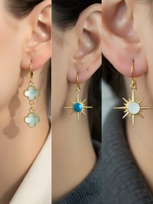 NKT Collection Beyaz Kutup Yıldızı Mavi Kutup Yıldızı Turkuaz Yonca Sembol Figürlü 3’lü Kadın Küpe Set