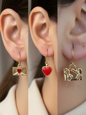 NKT Collection Bavul Kırmızı Kalp Kalp Zarf Sembol Figürlü 3’lü Kadın Küpe Set