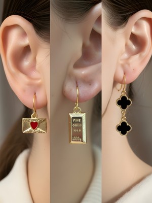 NKT Collection Siyah Yonca Külçe Altın Kalp Zarf Sembol Figürlü 3’lü Kadın Küpe Set