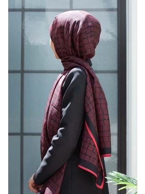 Vissona % 100 Ipek Etnik Desenli Siyah - Kırmızı Renkli Şal