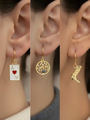 NKT Collection Kovboy Çizmesi Hayat Ağacı Kupa As Sembol Figürlü 3’lü Kadın Küpe Set