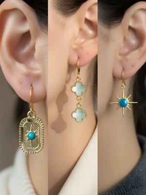 NKT Collection Mavi Kutup Yıldızı Turkuaz Yonca Tablet Kutup Yıldızı Sembol Figürlü 3’lü Kadın Küpe Set