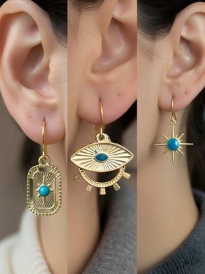 NKT Collection Mavi Kutup Yıldızı Göz Tablet Kutup Yıldızı Sembol Figürlü 3’lü Kadın Küpe Set