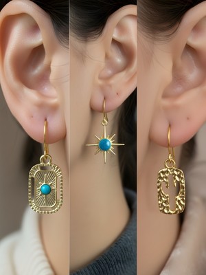 NKT Collection Kaktüs Mavi Kutup Yıldızı Tablet Kutup Yıldızı Sembol Figürlü 3’lü Kadın Küpe Set