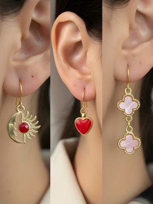 NKT Collection Pembe Yonca Kırmızı Kalp Ay Güneş Sembol Figürlü 3’lü Kadın Küpe Set