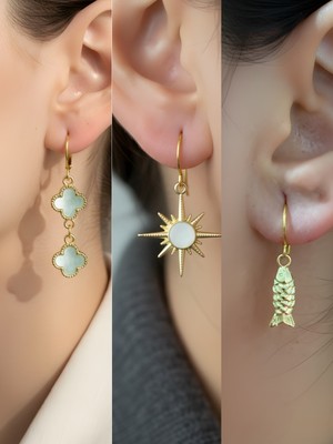 NKT Collection Beyaz Kutup Yıldızı Balık Turkuaz Yonca Sembol Figürlü 3’lü Kadın Küpe Set