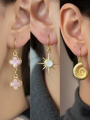 NKT Collection Beyaz Kutup Yıldızı Deniz Kabuğu Pembe Yonca Sembol Figürlü 3’lü Kadın Küpe Set