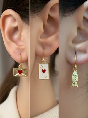 NKT Collection Balık Kupa As Kalp Zarf Sembol Figürlü 3’lü Kadın Küpe Set