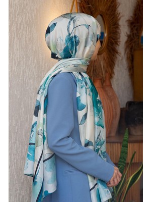 Vissona %100 Ipek Suluboya Çiçek Desenli Petrol Mavisi - Mint Yeşili Renkli 92X210 Şal