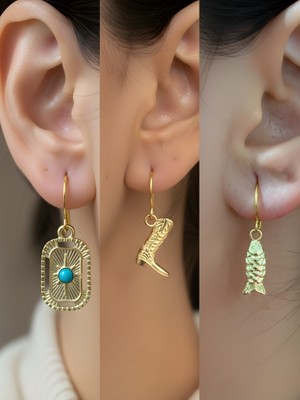 NKT Collection Kovboy Çizmesi Balık Tablet Kutup Yıldızı Sembol Figürlü 3’lü Kadın Küpe Set