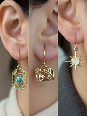 NKT Collection Beyaz Kutup Yıldızı Bavul Tablet Kutup Yıldızı Sembol Figürlü 3’lü Kadın Küpe Set