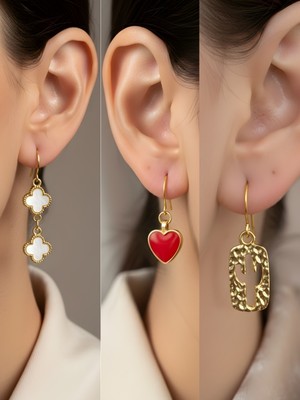 NKT Collection Kaktüs Beyaz Yonca Kırmızı Kalp Sembol Figürlü 3’lü Kadın Küpe Set