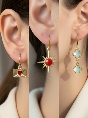 NKT Collection Turkuaz Yonca Kırmızı Kutup Yıldızı Kalp Zarf Sembol Figürlü 3’lü Kadın Küpe Set