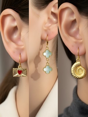 NKT Collection Deniz Kabuğu Turkuaz Yonca Kalp Zarf Sembol Figürlü 3’lü Kadın Küpe Set