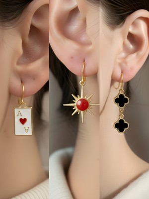 NKT Collection Siyah Yonca Kırmızı Kutup Yıldızı Kupa As Sembol Figürlü 3’lü Kadın Küpe Set