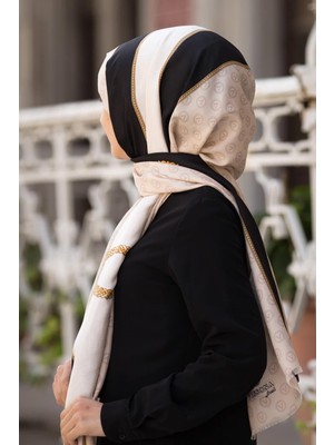 Vissona 100% Ipek Geometrik Desenli Bej - Siyah Renkli Şal