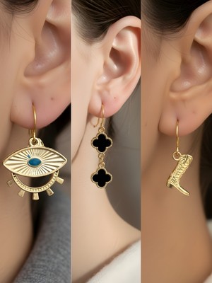 NKT Collection Kovboy Çizmesi Siyah Yonca Göz Sembol Figürlü 3’lü Kadın Küpe Set