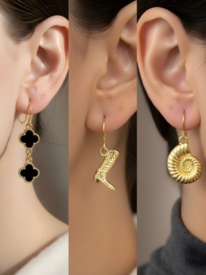 NKT Collection Kovboy Çizmesi Deniz Kabuğu Siyah Yonca Sembol Figürlü 3’lü Kadın Küpe Set