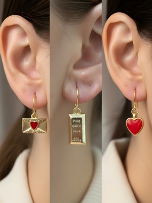 NKT Collection Kırmızı Kalp Külçe Altın Kalp Zarf Sembol Figürlü 3’lü Kadın Küpe Set