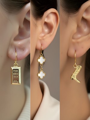 NKT Collection Kovboy Çizmesi Beyaz Yonca Külçe Altın Sembol Figürlü 3’lü Kadın Küpe Set