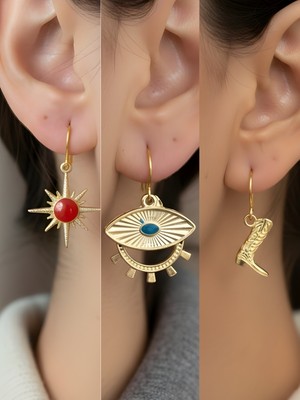 NKT Collection Kovboy Çizmesi Göz Kırmızı Kutup Yıldızı Sembol Figürlü 3’lü Kadın Küpe Set