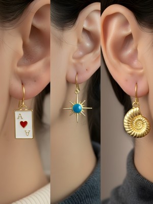 NKT Collection Deniz Kabuğu Mavi Kutup Yıldızı Kupa As Sembol Figürlü 3’lü Kadın Küpe Set