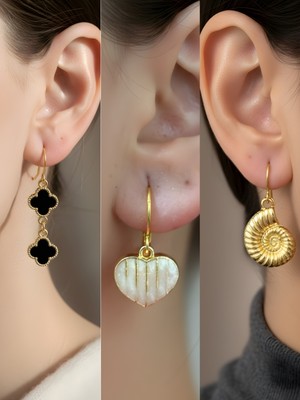 NKT Collection Deniz Kabuğu Beyaz Kalp Siyah Yonca Sembol Figürlü 3’lü Kadın Küpe Set