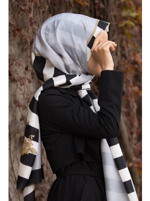 Vissona %100 Ipek Çizgili ve Varak Desenli Gümüş - Siyah Renkli 92X210 Şal