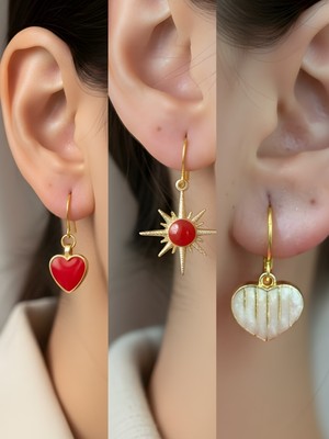 NKT Collection Beyaz Kalp Kırmızı Kutup Yıldızı Kırmızı Kalp Sembol Figürlü 3’lü Kadın Küpe Set