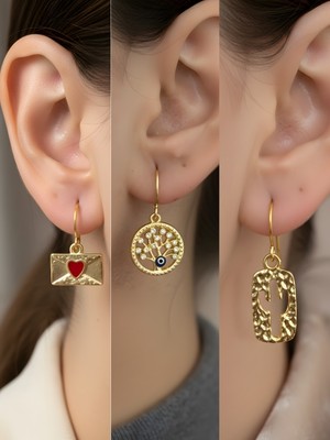 NKT Collection Kaktüs Hayat Ağacı Kalp Zarf Sembol Figürlü 3’lü Kadın Küpe Set