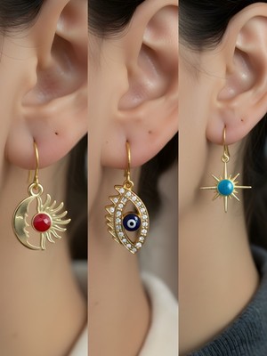 NKT Collection Mavi Kutup Yıldızı Nazar Göz Ay Güneş Sembol Figürlü 3’lü Kadın Küpe Set