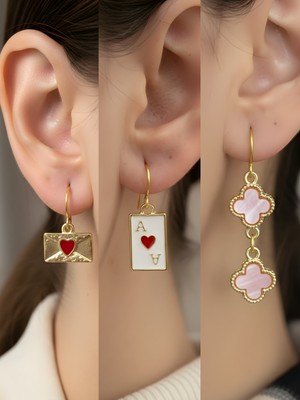 NKT Collection Pembe Yonca Kupa As Kalp Zarf Sembol Figürlü 3’lü Kadın Küpe Set