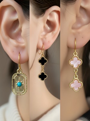 NKT Collection Siyah Yonca Pembe Yonca Tablet Kutup Yıldızı Sembol Figürlü 3’lü Kadın Küpe Set