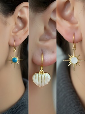 NKT Collection Beyaz Kutup Yıldızı Beyaz Kalp Mavi Kutup Yıldızı Sembol Figürlü 3’lü Kadın Küpe Set