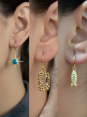 NKT Collection Kaktüs Balık Mavi Kutup Yıldızı Sembol Figürlü 3’lü Kadın Küpe Set