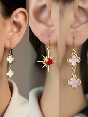 NKT Collection Pembe Yonca Beyaz Yonca Kırmızı Kutup Yıldızı Sembol Figürlü 3’lü Kadın Küpe Set