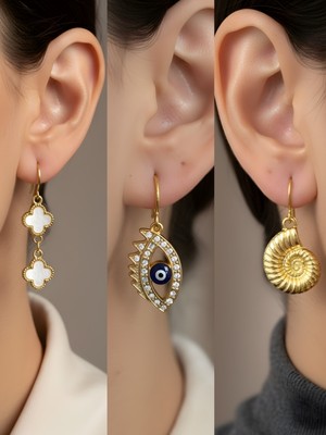 NKT Collection Deniz Kabuğu Beyaz Yonca Nazar Göz Sembol Figürlü 3’lü Kadın Küpe Set