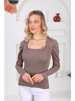 Pinpery Kadın Taba Kolu Pileli Büzgülü Prenses Kol Kare Yaka Bluz Kazak