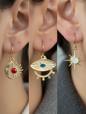 NKT Collection Beyaz Kutup Yıldızı Göz Ay Güneş Sembol Figürlü 3’lü Kadın Küpe Set